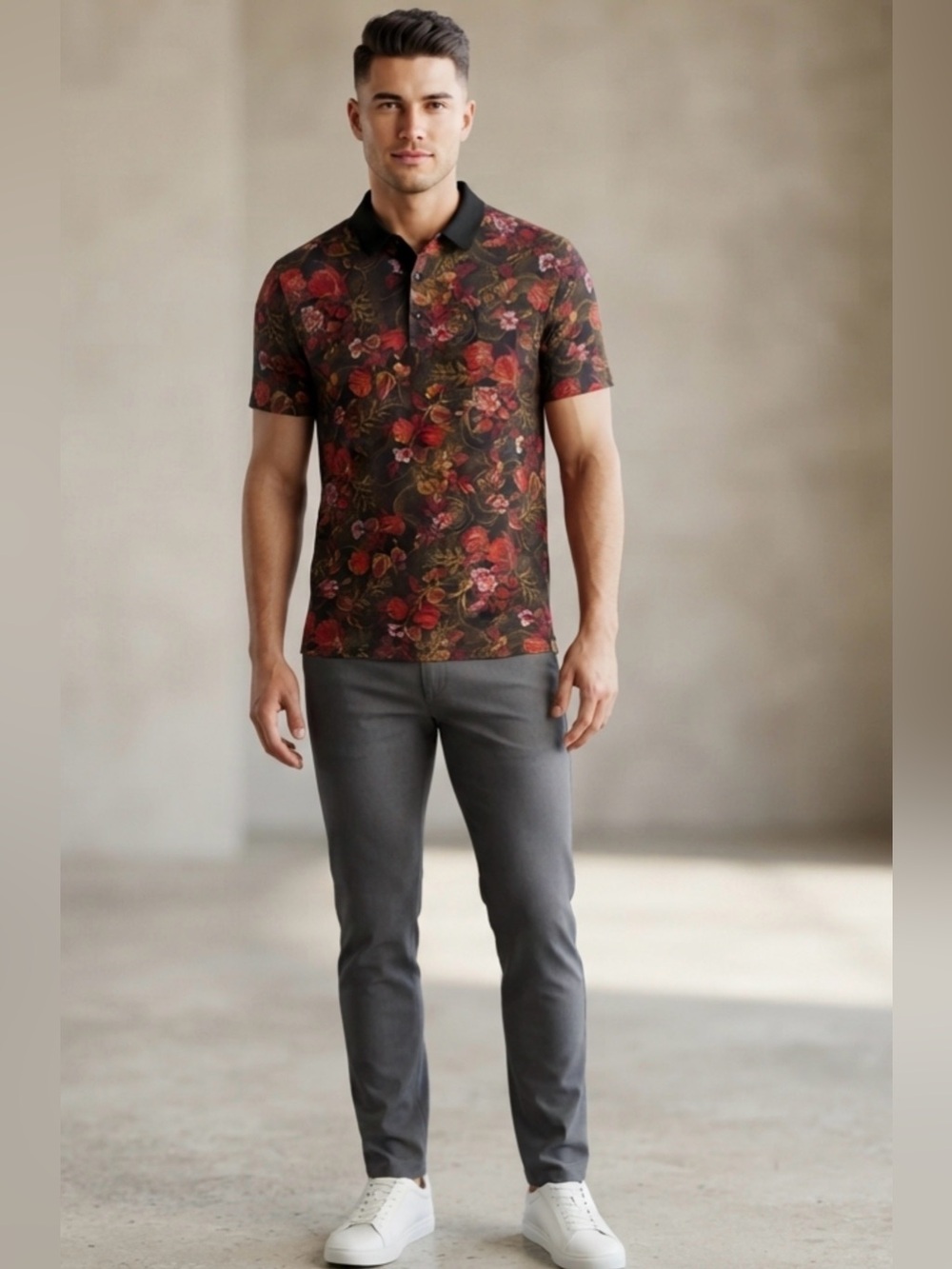 Express Men's Black Floral Polo Shirt